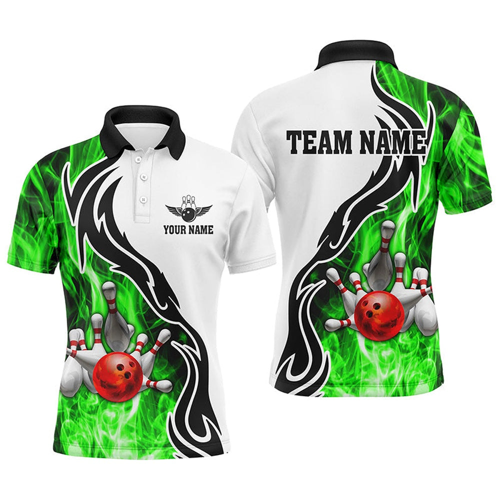 Custom Bowling Polo Shirts, Mens Polo Bowling Shirt Custom Bowling Ball Pins Strike Team League Jersey, Bowl Gifts Green