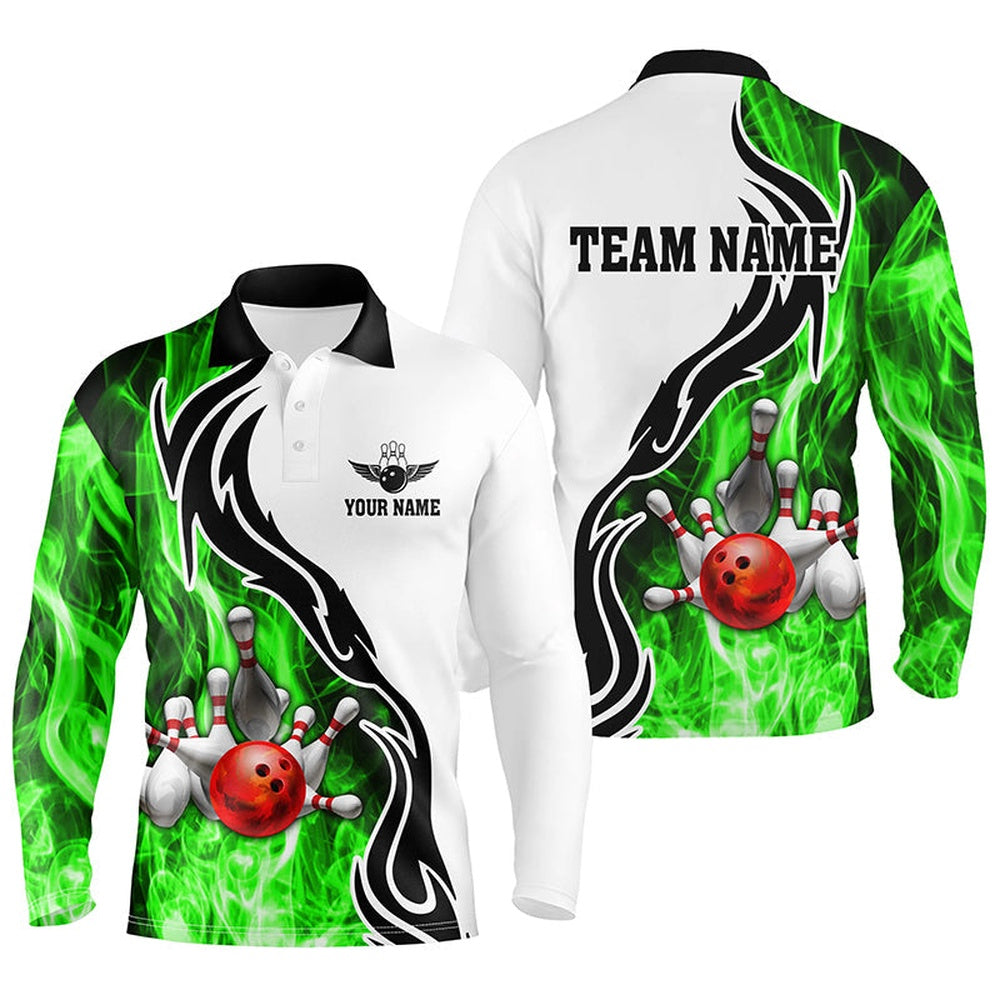 Custom Bowling Polo Shirts, Mens Polo Bowling Shirt Custom Bowling Ball Pins Strike Team League Jersey, Bowl Gifts Green