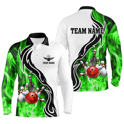 Custom Bowling Polo Shirts, Mens Polo Bowling Shirt Custom Bowling Ball Pins Strike Team League Jersey, Bowl Gifts Green