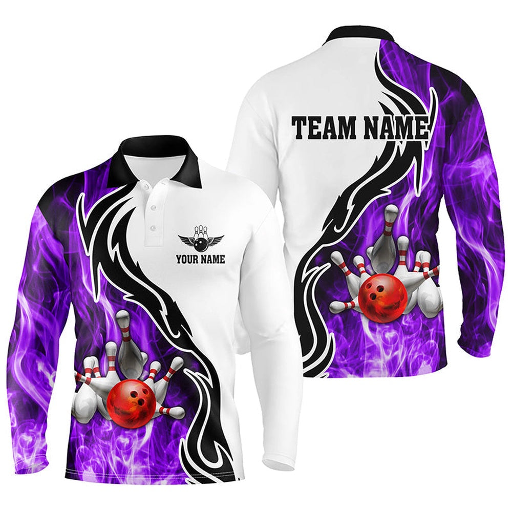 Custom Bowling Polo Shirts, Mens Polo Bowling Shirt Custom Bowling Ball Pins Strike Team League Jersey, Bowl Gifts Purple