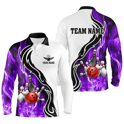 Custom Bowling Polo Shirts, Mens Polo Bowling Shirt Custom Bowling Ball Pins Strike Team League Jersey, Bowl Gifts Purple