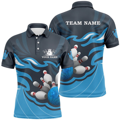 Custom Bowling Polo Shirts, Mens Polo Bowling Shirt Custom Bowling Ball Pins Team League Jersey, Personalized Bowling Gifts Blue
