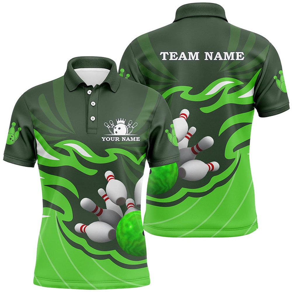 Custom Bowling Polo Shirts, Mens Polo Bowling Shirt Custom Bowling Ball Pins Team League Jersey, Personalized Bowling Gifts Green