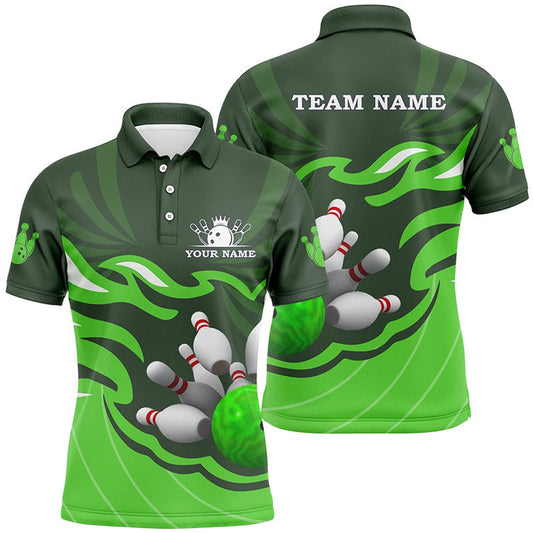 Custom Bowling Polo Shirts, Mens Polo Bowling Shirt Custom Bowling Ball Pins Team League Jersey, Personalized Bowling Gifts Green
