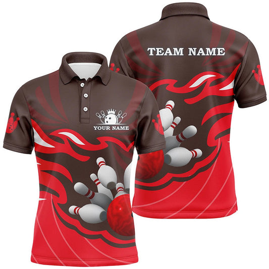 Custom Bowling Polo Shirts, Mens Polo Bowling Shirt Custom Bowling Ball Pins Team League Jersey, Personalized Bowling Gifts Red