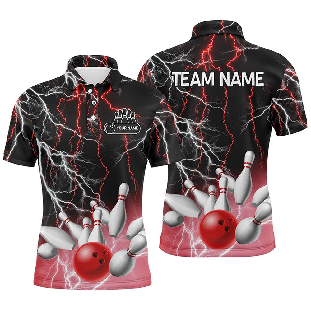 Custom Bowling Polo Shirts, Mens Polo Bowling Shirt Custom Bowling Red Lightning Thunder Team League Jersey