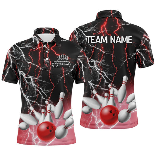 Custom Bowling Polo Shirts, Mens Polo Bowling Shirt Custom Bowling Red Lightning Thunder Team League Jersey