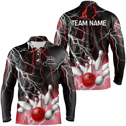 Custom Bowling Polo Shirts, Mens Polo Bowling Shirt Custom Bowling Red Lightning Thunder Team League Jersey