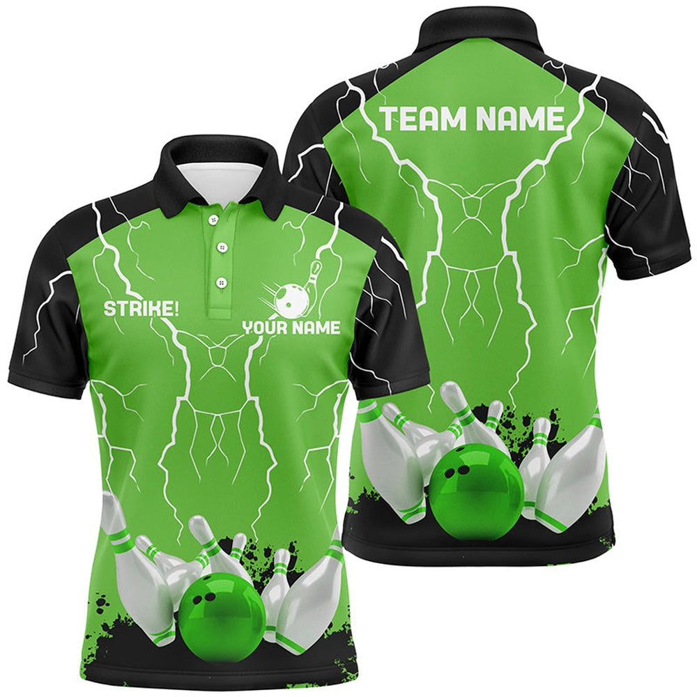 Custom Bowling Polo Shirts, Mens Polo Bowling Shirt Custom Bowling Strike Lightning Storm Thunder Team League Jersey Green