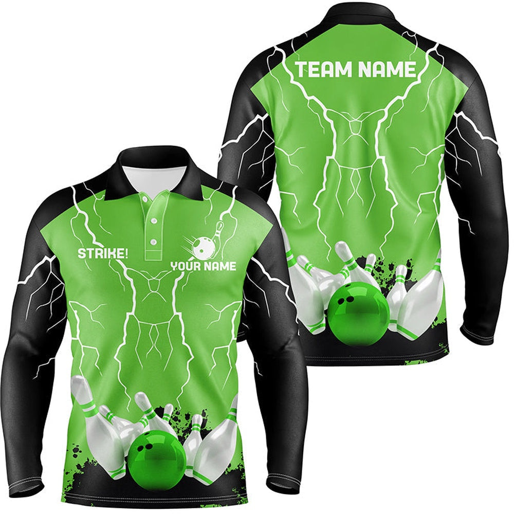Custom Bowling Polo Shirts, Mens Polo Bowling Shirt Custom Bowling Strike Lightning Storm Thunder Team League Jersey Green