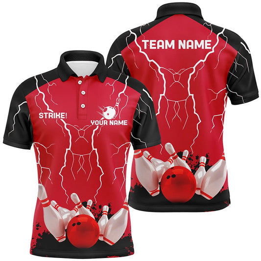 Custom Bowling Polo Shirts, Mens Polo Bowling Shirt Custom Bowling Strike Lightning Storm Thunder Team League Jersey Red