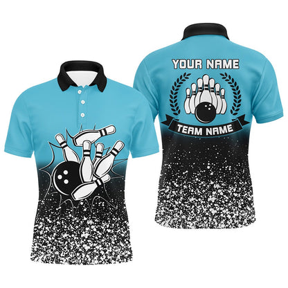 Custom Bowling Polo Shirts, Mens Polo Bowling Shirt Custom Retro Bowling Ball Pins Strike Team League Jerseys Blue