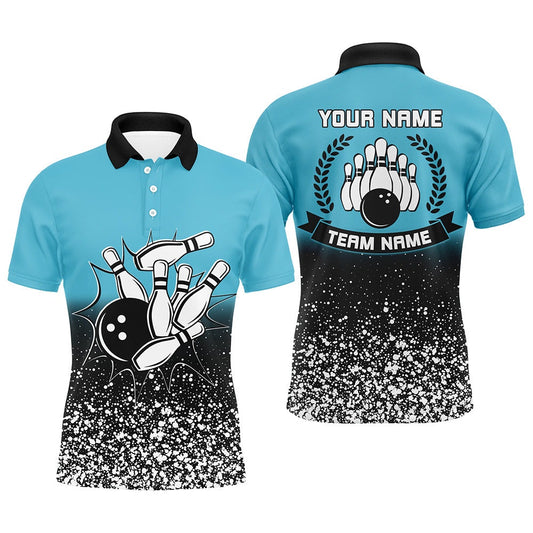Custom Bowling Polo Shirts, Mens Polo Bowling Shirt Custom Retro Bowling Ball Pins Strike Team League Jerseys Blue