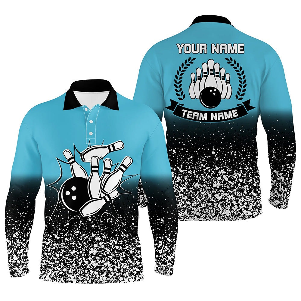 Custom Bowling Polo Shirts, Mens Polo Bowling Shirt Custom Retro Bowling Ball Pins Strike Team League Jerseys Blue