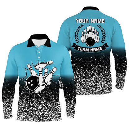 Custom Bowling Polo Shirts, Mens Polo Bowling Shirt Custom Retro Bowling Ball Pins Strike Team League Jerseys Blue