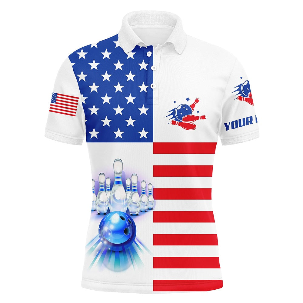 Custom Bowling Polo Shirts, Mens Polo Bowling Shirts Custom American Flag Patriotic Bowling Team Jersey, Customize Bowling Shirts