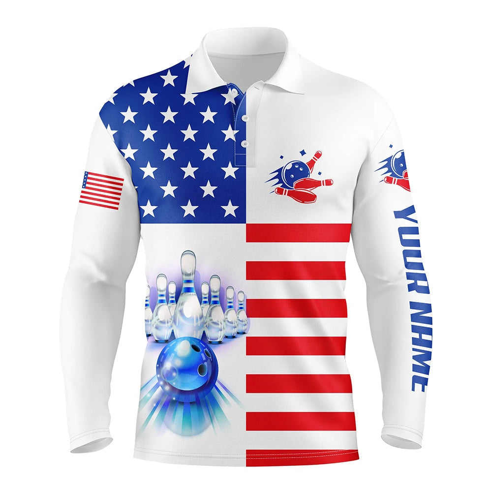 Custom Bowling Polo Shirts, Mens Polo Bowling Shirts Custom American Flag Patriotic Bowling Team Jersey, Customize Bowling Shirts