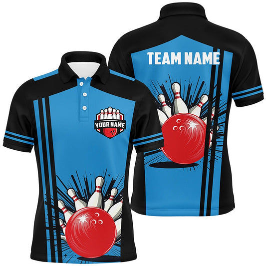 Custom Bowling Polo Shirts, Mens Polo Bowling Shirts Custom Black And Blue Retro Bowling Team Jersey, Gift For Team Bowlers