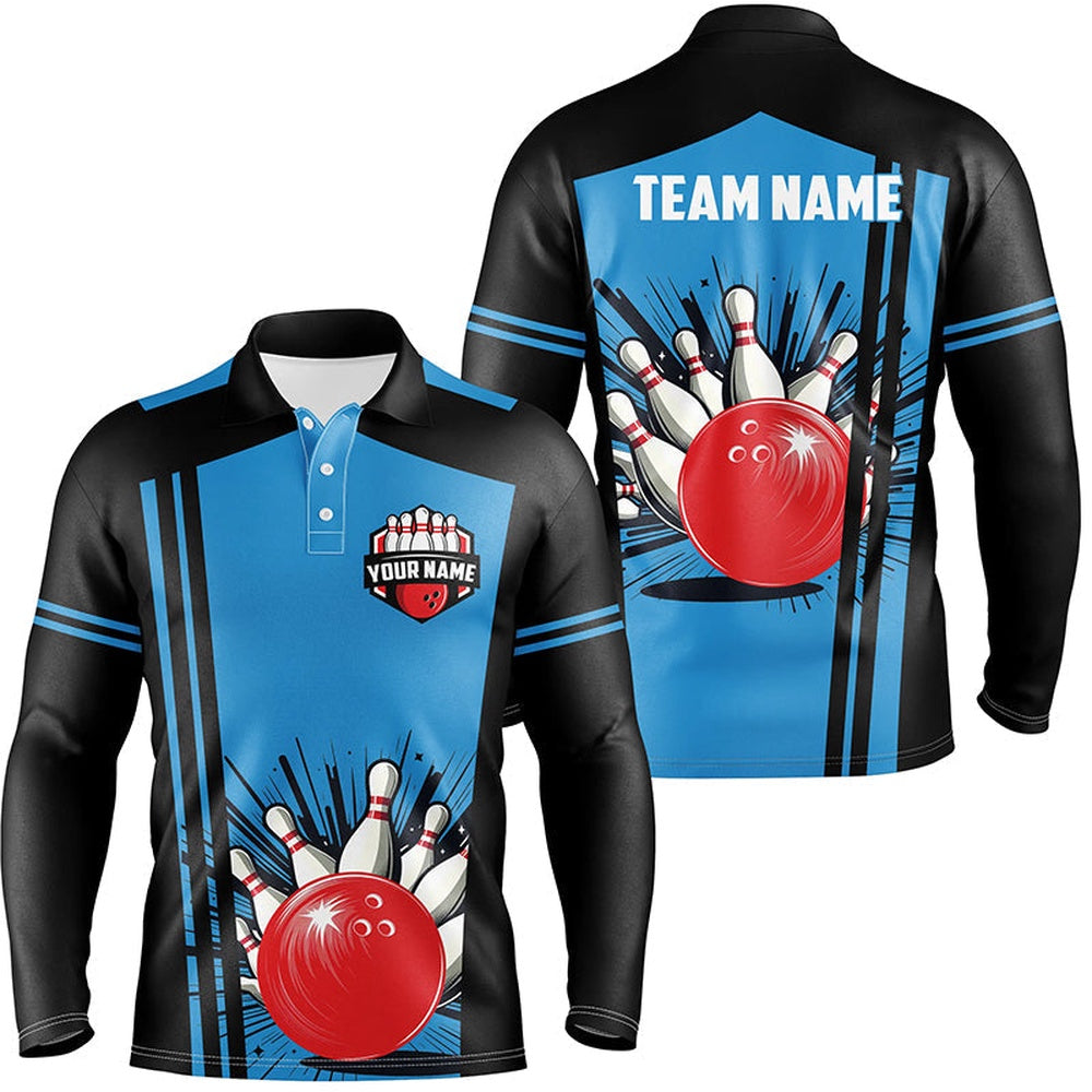Custom Bowling Polo Shirts, Mens Polo Bowling Shirts Custom Black And Blue Retro Bowling Team Jersey, Gift For Team Bowlers