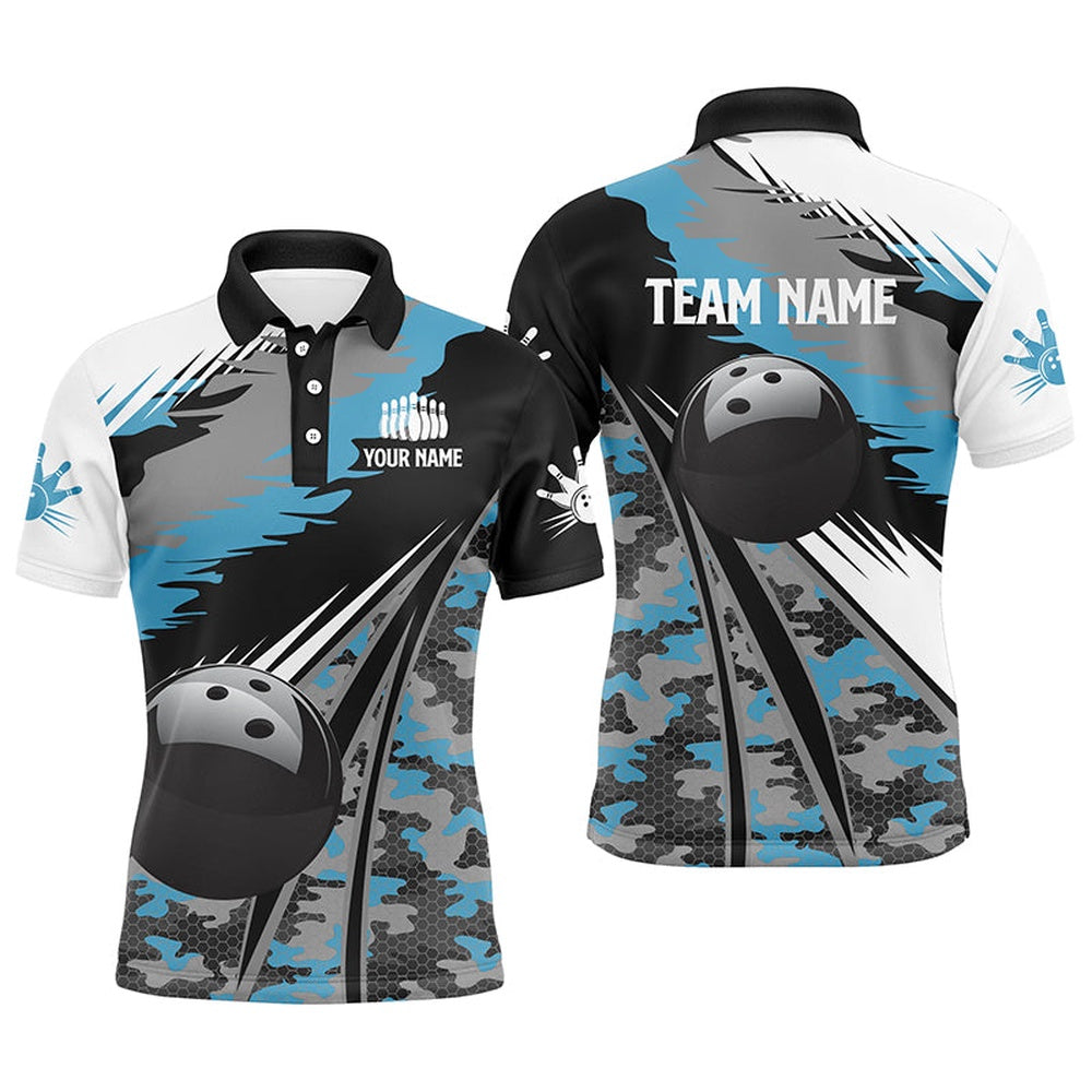 Custom Bowling Polo Shirts, Mens Polo Bowling Shirts Custom Black Ball Blue Camo Bowling Team Jersey, Gift For Bowlers