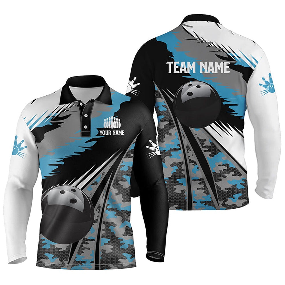 Custom Bowling Polo Shirts, Mens Polo Bowling Shirts Custom Black Ball Blue Camo Bowling Team Jersey, Gift For Bowlers