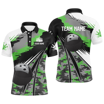 Custom Bowling Polo Shirts, Mens Polo Bowling Shirts Custom Black Ball Green Camo Bowling Team Jersey, Gift For Bowlers