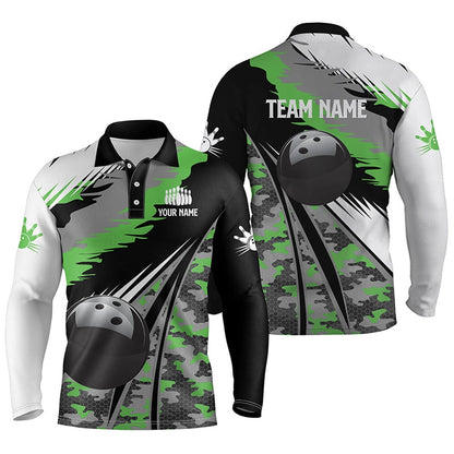 Custom Bowling Polo Shirts, Mens Polo Bowling Shirts Custom Black Ball Green Camo Bowling Team Jersey, Gift For Bowlers