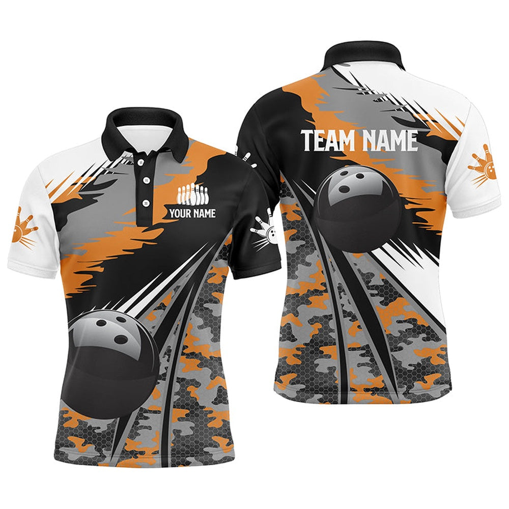 Custom Bowling Polo Shirts, Mens Polo Bowling Shirts Custom Black Ball Orange Camo Bowling Team Jersey, Gift For Bowlers