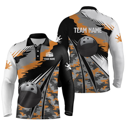 Custom Bowling Polo Shirts, Mens Polo Bowling Shirts Custom Black Ball Orange Camo Bowling Team Jersey, Gift For Bowlers