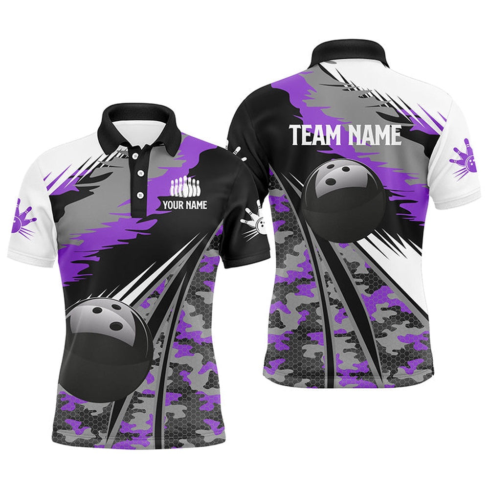Custom Bowling Polo Shirts, Mens Polo Bowling Shirts Custom Black Ball Purple Camo Bowling Team Jersey, Gift For Bowlers