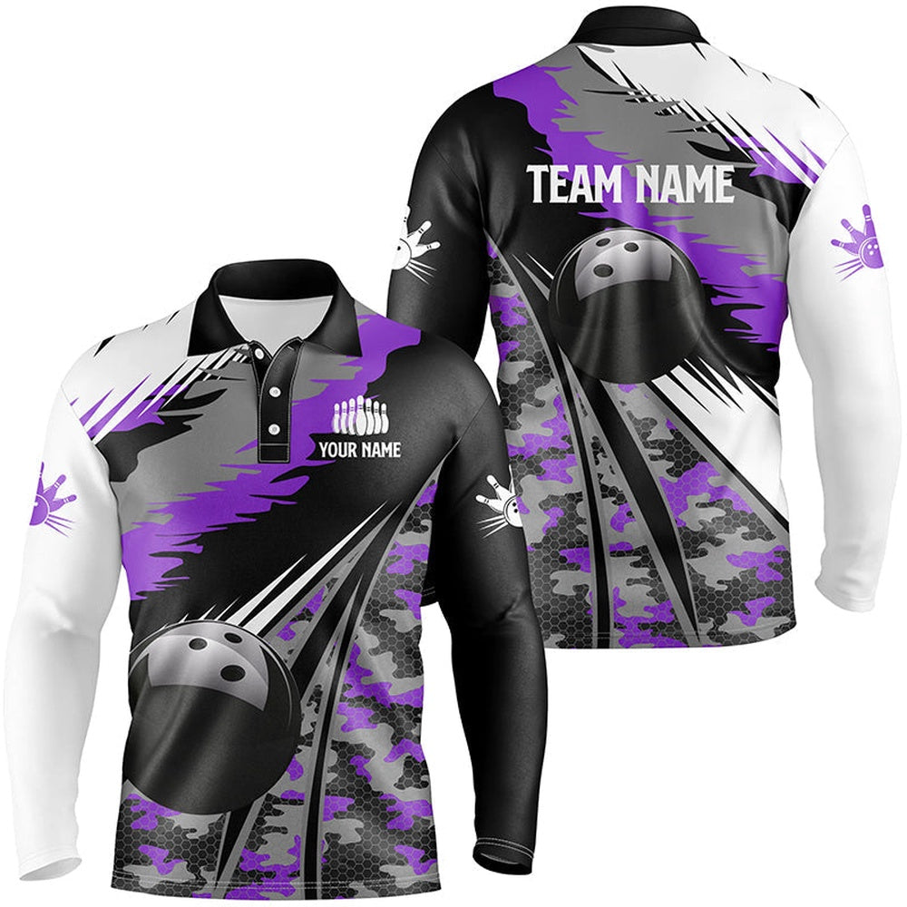 Custom Bowling Polo Shirts, Mens Polo Bowling Shirts Custom Black Ball Purple Camo Bowling Team Jersey, Gift For Bowlers