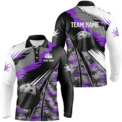 Custom Bowling Polo Shirts, Mens Polo Bowling Shirts Custom Black Ball Purple Camo Bowling Team Jersey, Gift For Bowlers