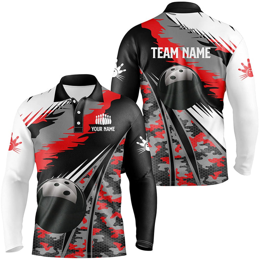 Custom Bowling Polo Shirts, Mens Polo Bowling Shirts Custom Black Ball Red Camo Bowling Team Jersey, Gift For Bowlers