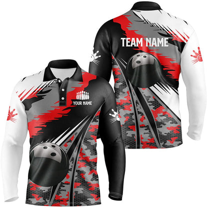 Custom Bowling Polo Shirts, Mens Polo Bowling Shirts Custom Black Ball Red Camo Bowling Team Jersey, Gift For Bowlers