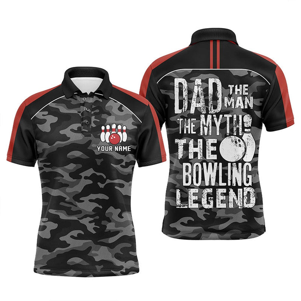 Custom Bowling Polo Shirts, Mens Polo Bowling Shirts Custom Black Camo Bowling Team Jersey Dad The Man The Myth Bowling Legend