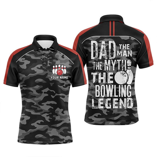 Custom Bowling Polo Shirts, Mens Polo Bowling Shirts Custom Black Camo Bowling Team Jersey Dad The Man The Myth Bowling Legend