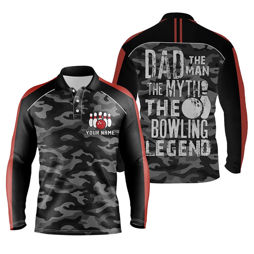 Custom Bowling Polo Shirts, Mens Polo Bowling Shirts Custom Black Camo Bowling Team Jersey Dad The Man The Myth Bowling Legend