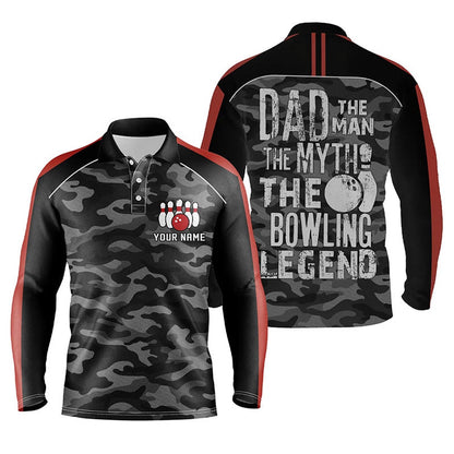 Custom Bowling Polo Shirts, Mens Polo Bowling Shirts Custom Black Camo Bowling Team Jersey Dad The Man The Myth Bowling Legend