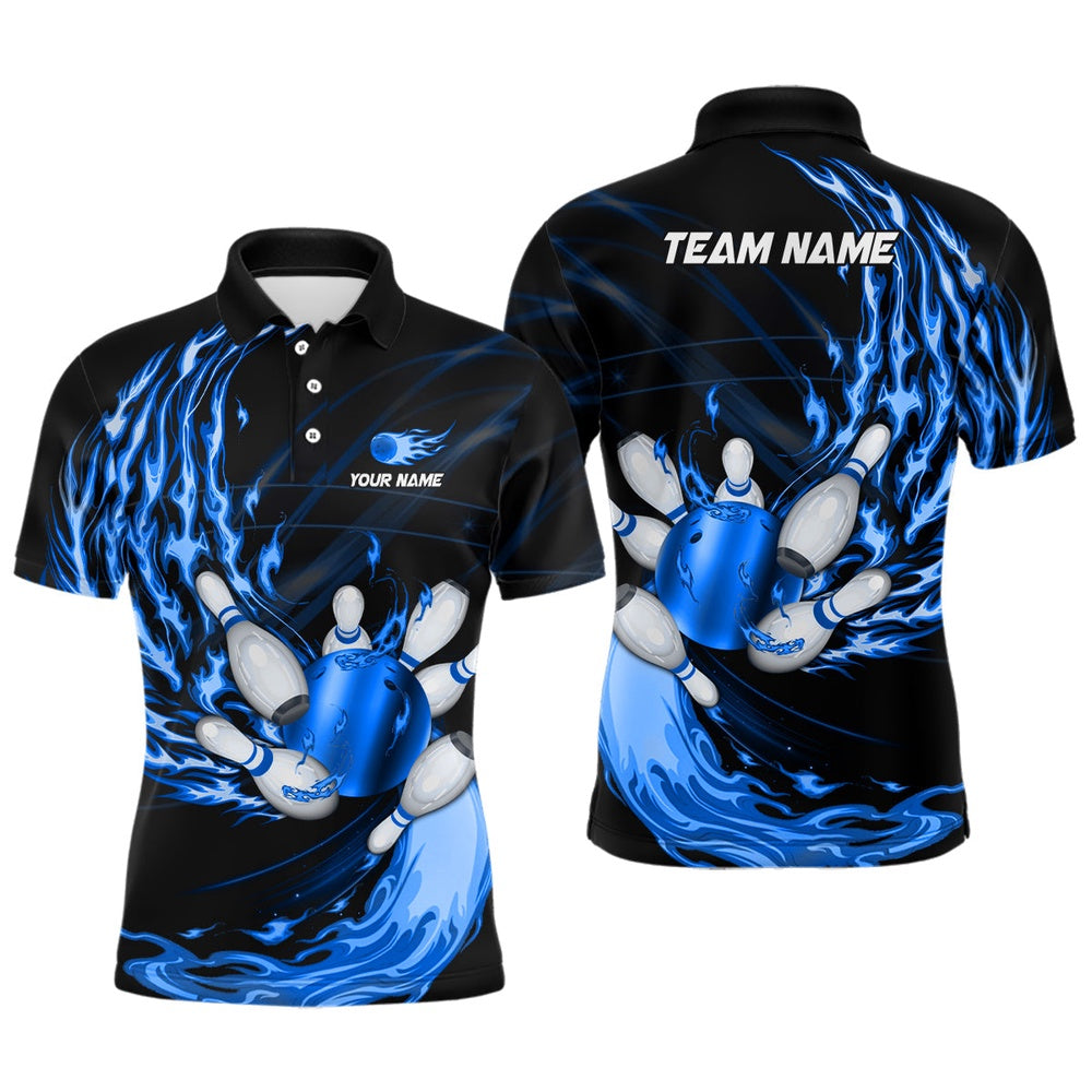 Custom Bowling Polo Shirts, Mens Polo Bowling Shirts Custom Blue Flame Bowling Ball And Pins Team League Bowler Jerseys