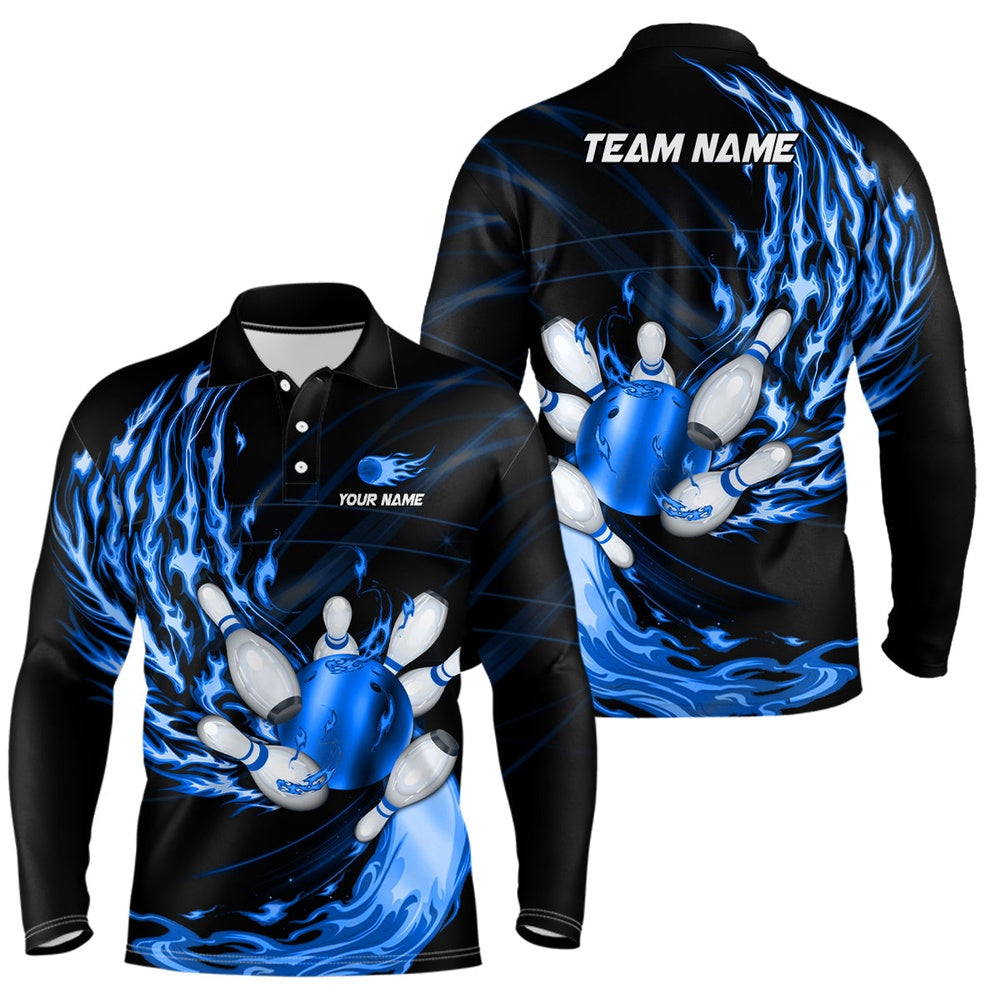 Custom Bowling Polo Shirts, Mens Polo Bowling Shirts Custom Blue Flame Bowling Ball And Pins Team League Bowler Jerseys