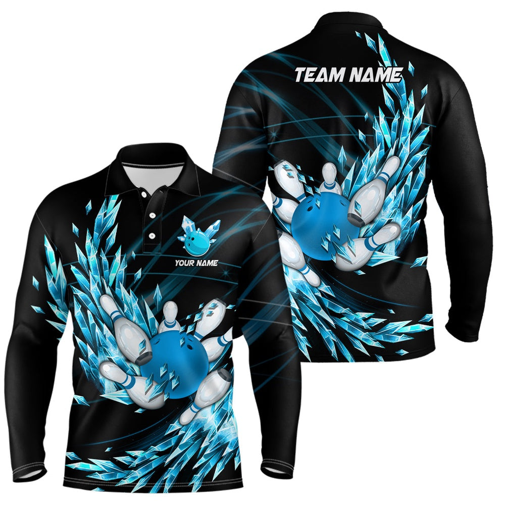 Custom Bowling Polo Shirts, Mens Polo Bowling Shirts Custom Blue Icy Fragments Bowling Ball Pins Team League Bowler Jersey