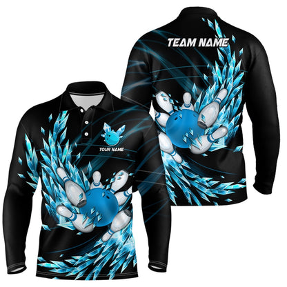 Custom Bowling Polo Shirts, Mens Polo Bowling Shirts Custom Blue Icy Fragments Bowling Ball Pins Team League Bowler Jersey