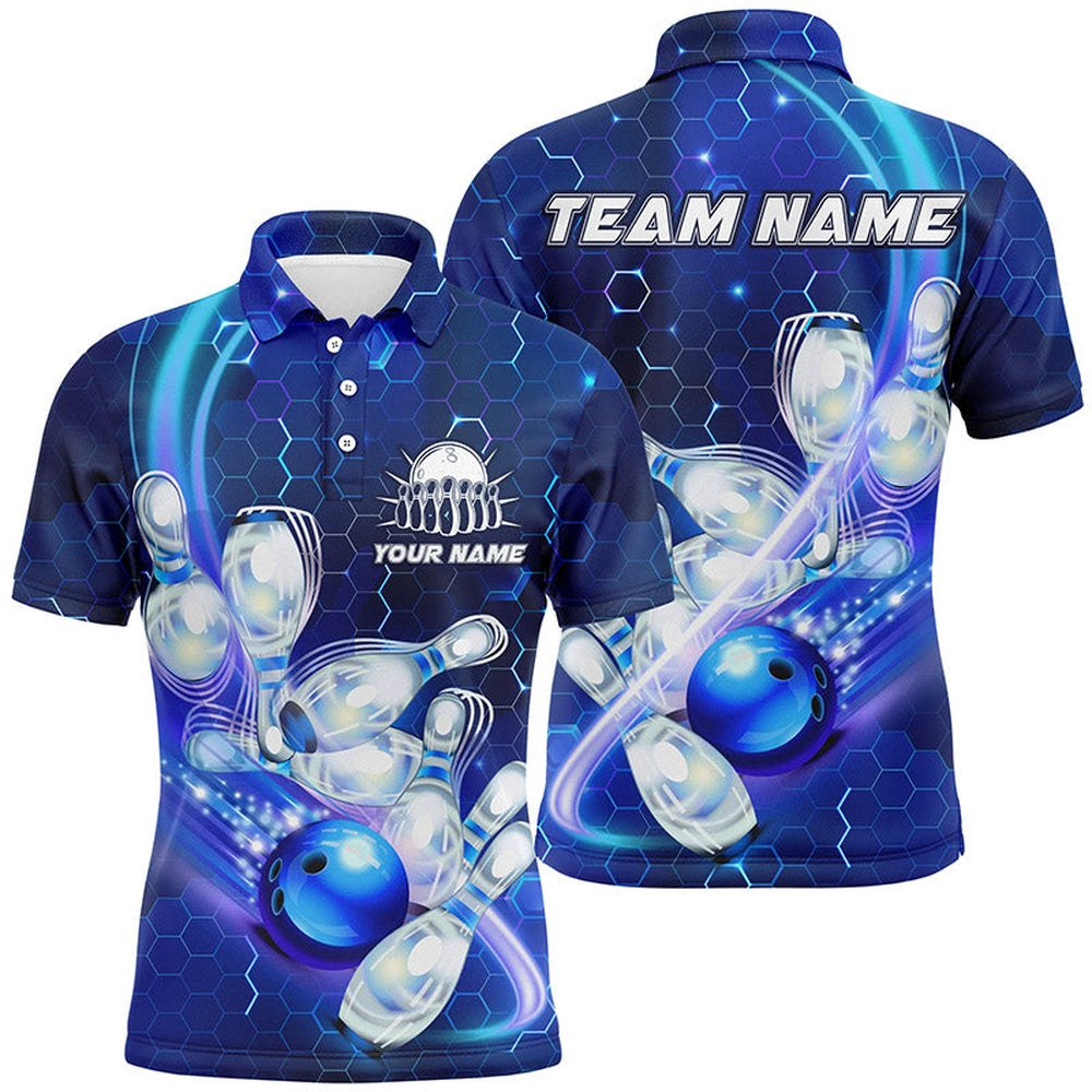 Custom Bowling Polo Shirts, Mens Polo Bowling Shirts Custom Blue Light Bowling Ball Pins Hexagon Pattern Bowling Team Jersey