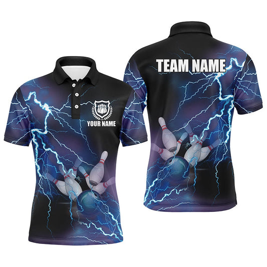 Custom Bowling Polo Shirts, Mens Polo Bowling Shirts Custom Blue Lightning Thunder Bowling Team Jersey, Gift For Team Bowlers