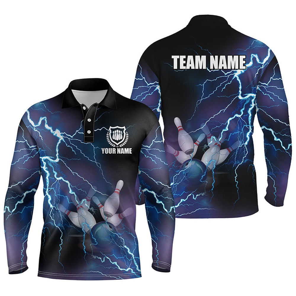 Custom Bowling Polo Shirts, Mens Polo Bowling Shirts Custom Blue Lightning Thunder Bowling Team Jersey, Gift For Team Bowlers