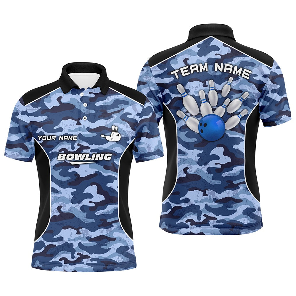 Custom Bowling Polo Shirts, Mens Polo Bowling Shirts Custom Bowling Ball And Pins Blue Camo Bowling Team Jersey For Men