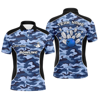 Custom Bowling Polo Shirts, Mens Polo Bowling Shirts Custom Bowling Ball And Pins Blue Camo Bowling Team Jersey For Men