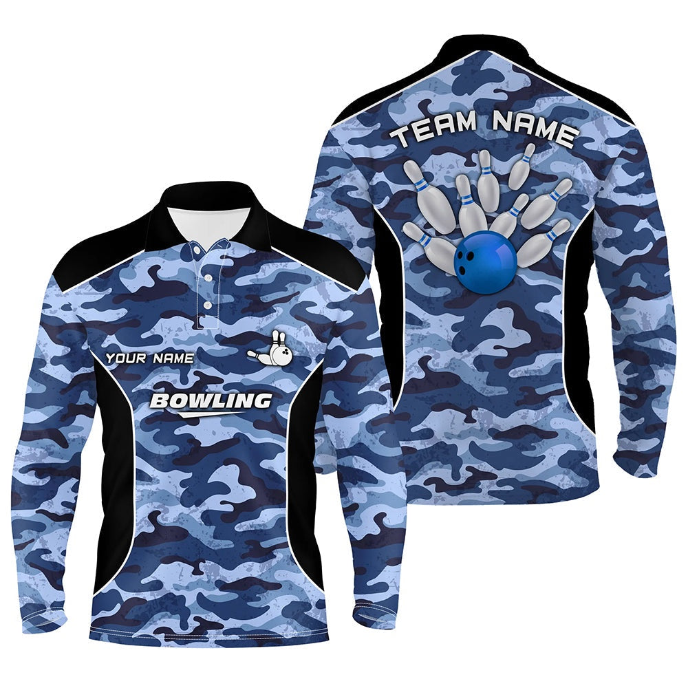 Custom Bowling Polo Shirts, Mens Polo Bowling Shirts Custom Bowling Ball And Pins Blue Camo Bowling Team Jersey For Men