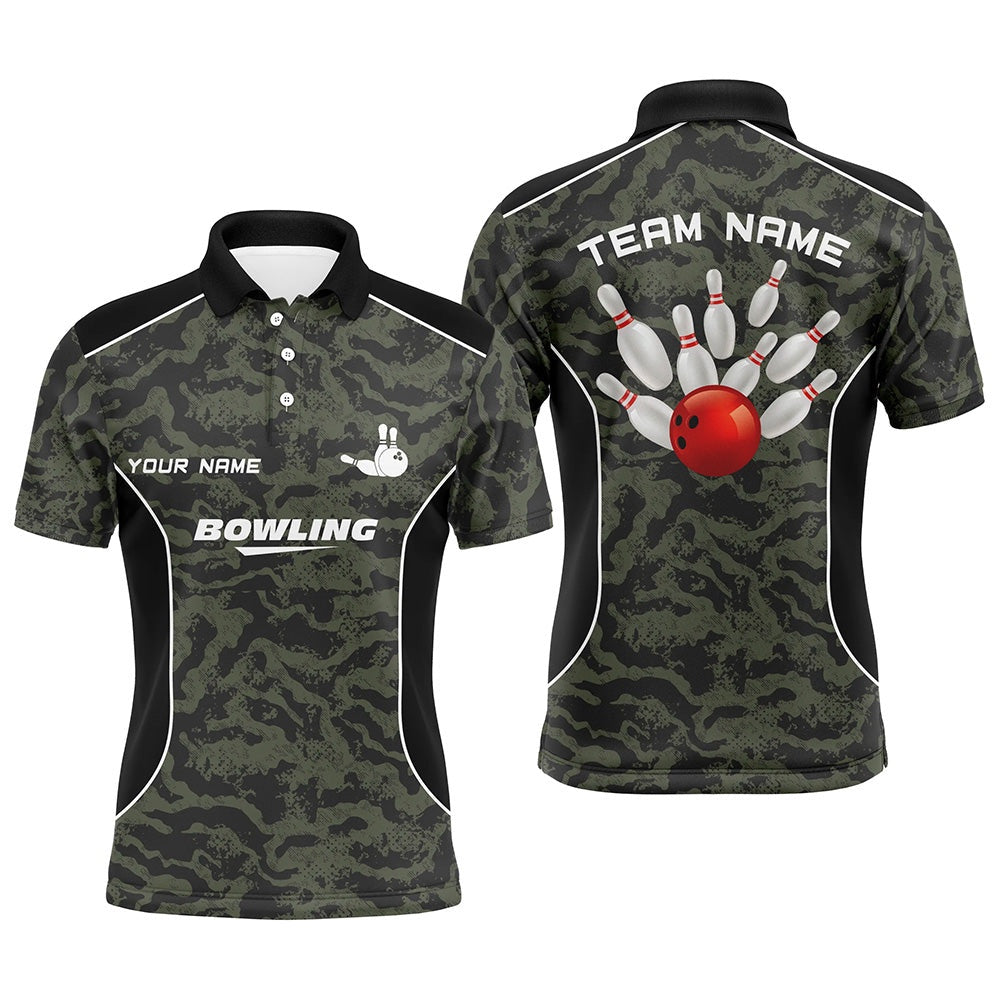 Custom Bowling Polo Shirts, Mens Polo Bowling Shirts Custom Bowling Ball And Pins Camo Bowling Team Jersey For Men
