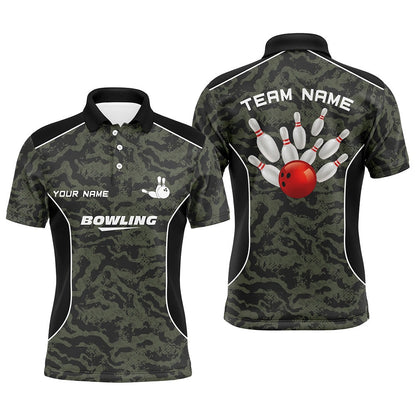 Custom Bowling Polo Shirts, Mens Polo Bowling Shirts Custom Bowling Ball And Pins Camo Bowling Team Jersey For Men